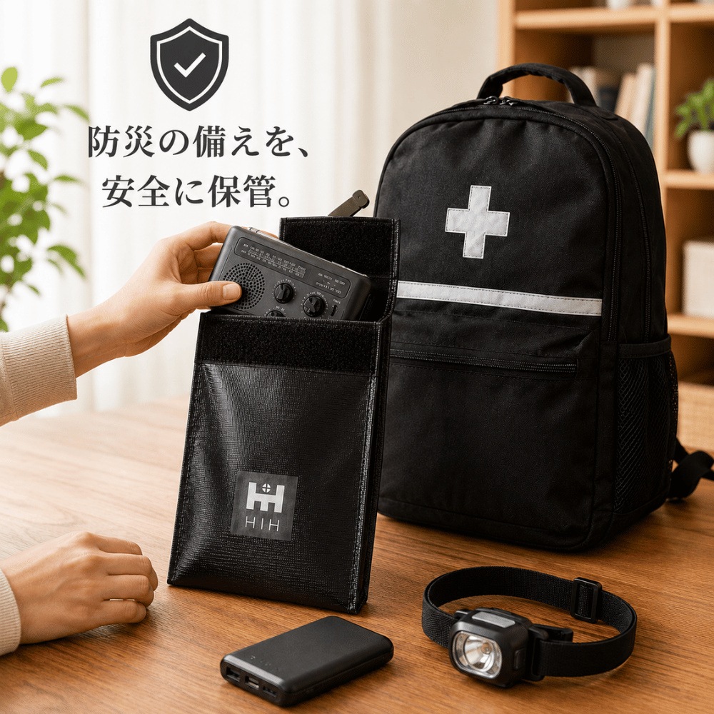 HIH 防災用 耐火バッグ 耐火ポーチ モバイルバッテリー保管用 耐火袋 充電式機器 発火・延焼対策 耐火ケース 防災グッズ