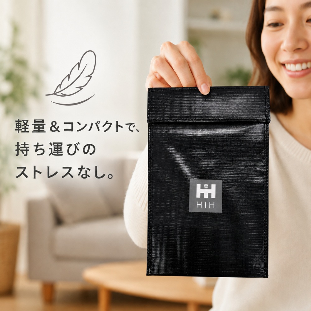 HIH 防災用 耐火バッグ 耐火ポーチ モバイルバッテリー保管用 耐火袋 充電式機器 発火・延焼対策 耐火ケース 防災グッズ