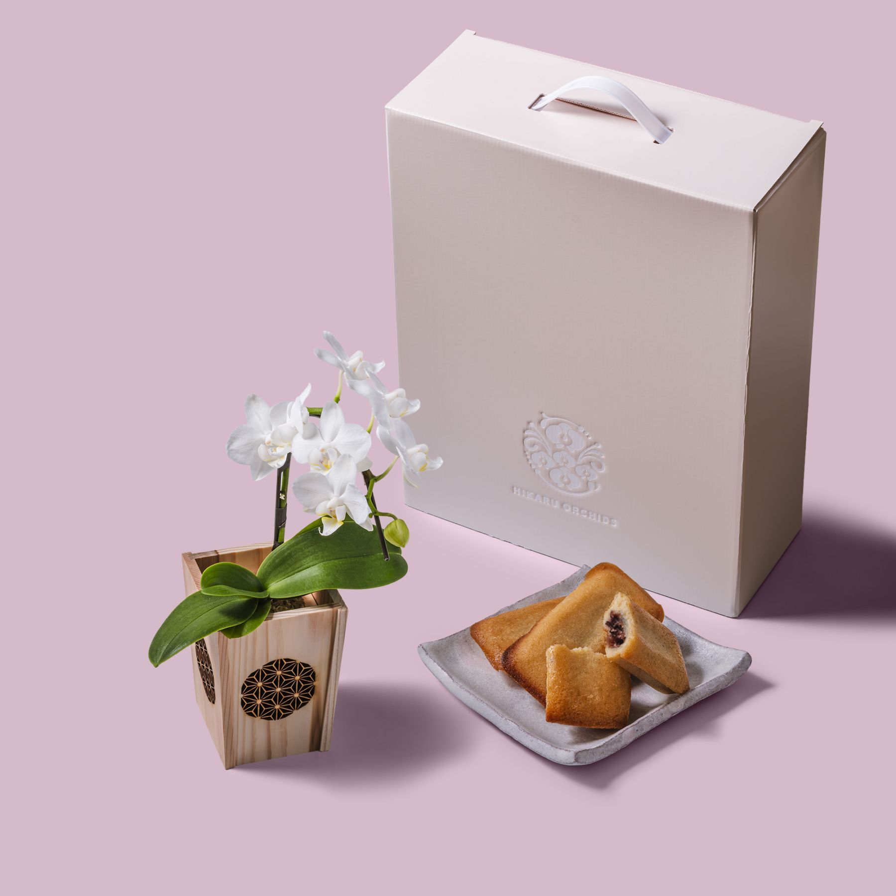 白 小輪 胡蝶蘭 / マル西製菓ぺんぎん一番堂 焼き菓子セット / NENE 組子細工風 麻の葉（あさのは）[002711]