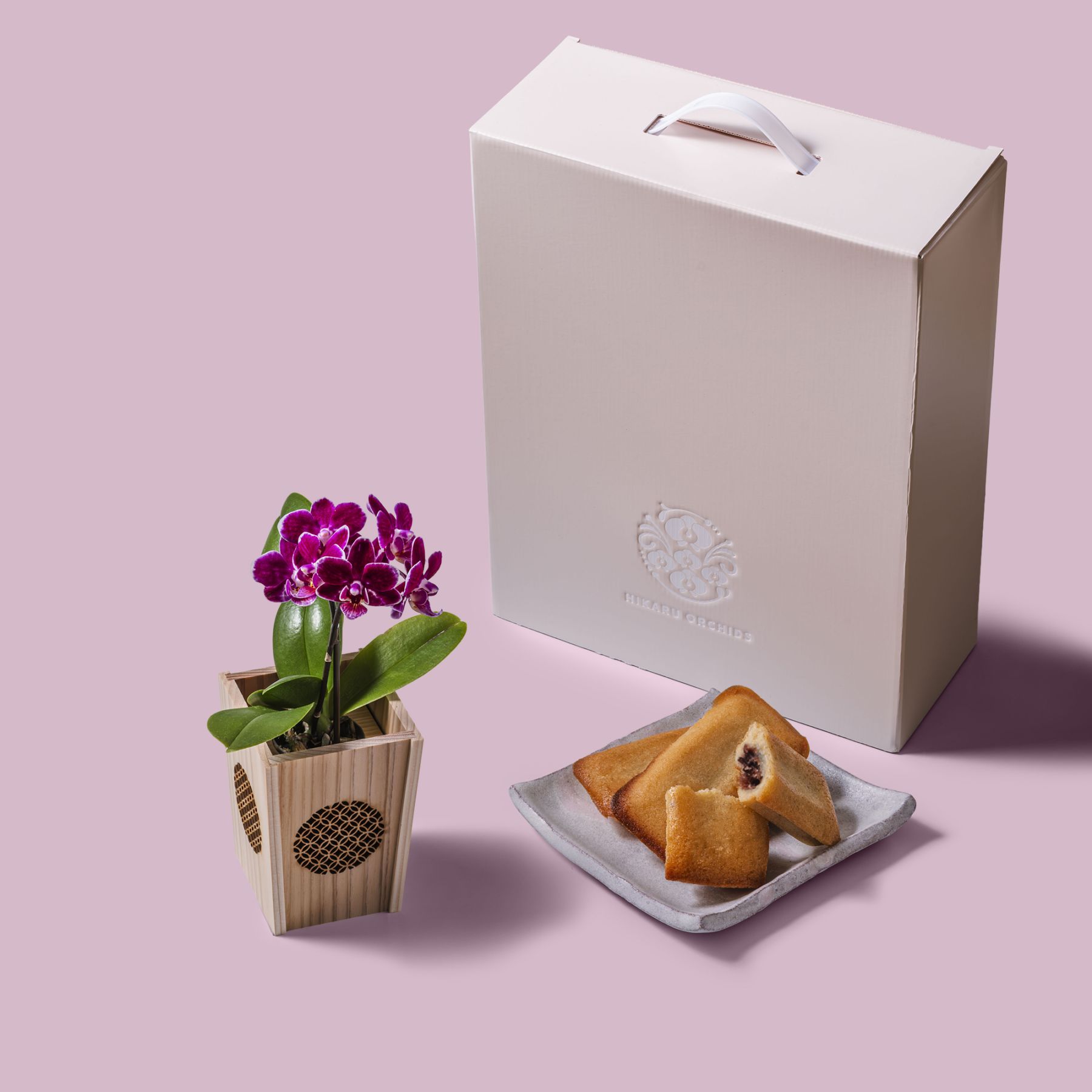 紫 小輪 胡蝶蘭 / マル西製菓ぺんぎん一番堂 焼き菓子セット / NENE 組子細工風 七宝（しっぽう）[002735]