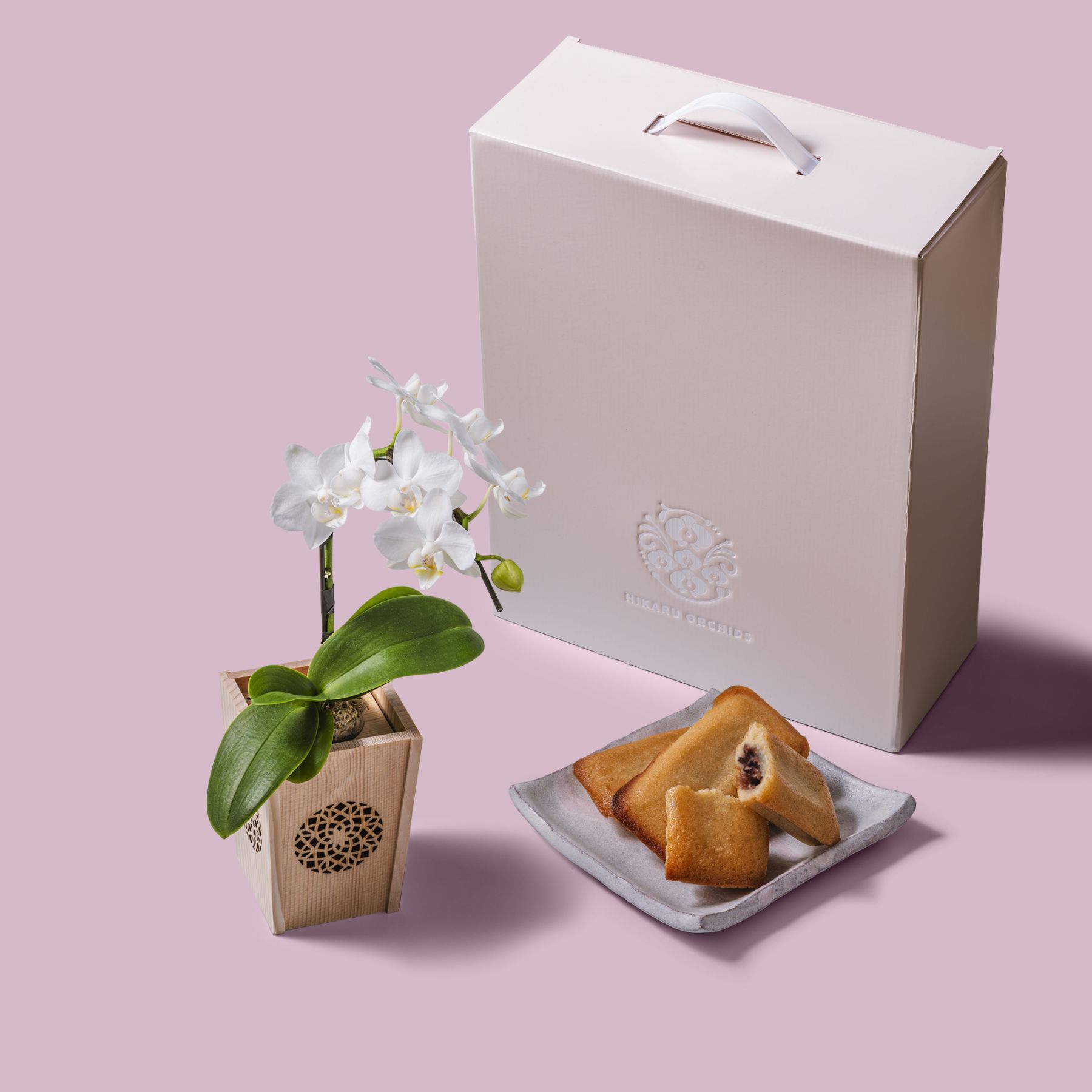白 小輪 胡蝶蘭 / マル西製菓ぺんぎん一番堂 焼き菓子セット / NENE 組子細工風 変わり七宝（かわりしっぽう）[002741]