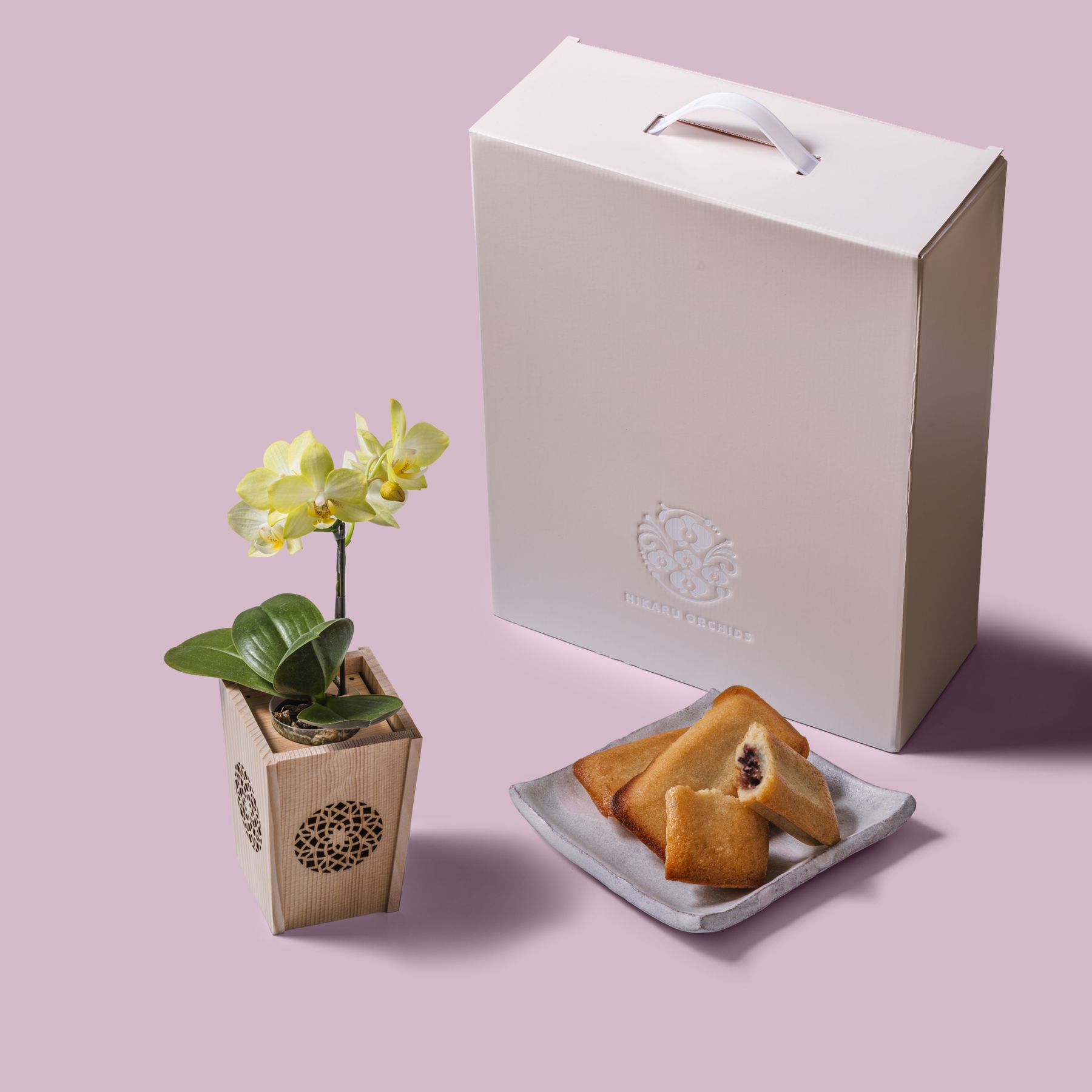 黄 小輪 胡蝶蘭 / マル西製菓ぺんぎん一番堂 焼き菓子セット / NENE 組子細工風 変わり七宝（かわりしっぽう）[002742]