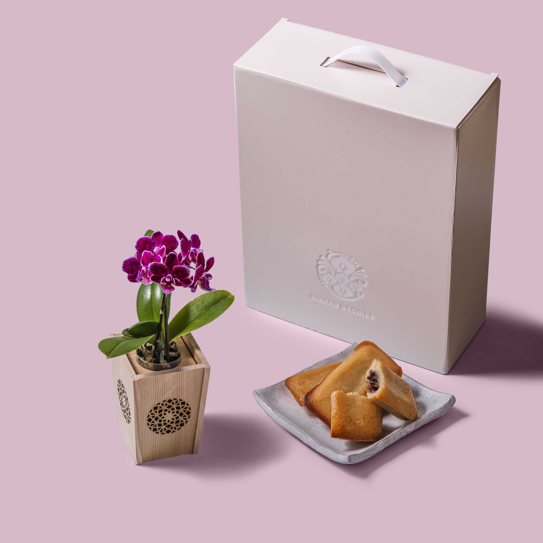 紫 小輪 胡蝶蘭 / マル西製菓ぺんぎん一番堂 焼き菓子セット / NENE 組子細工風 変わり七宝（かわりしっぽう）[002745]