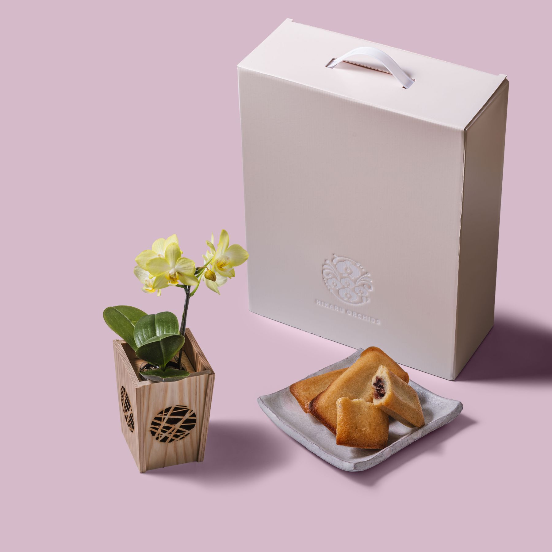黄 小輪 胡蝶蘭 / マル西製菓ぺんぎん一番堂 焼き菓子セット / NENE 組子細工風 氷裂（ひょうれつ）[002752]
