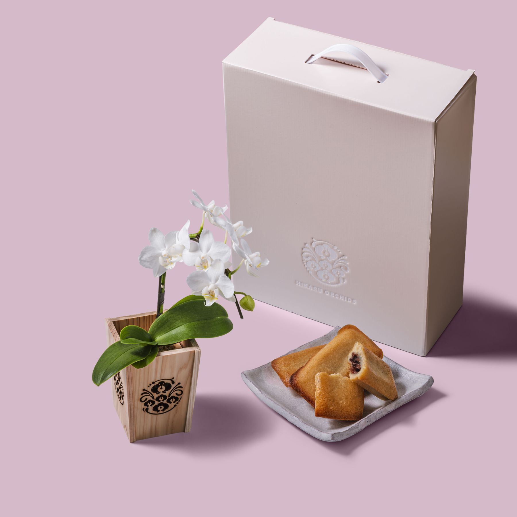 白 小輪 胡蝶蘭 / マル西製菓ぺんぎん一番堂 焼き菓子セット / NENE 組子細工風 胡蝶蘭（こちょうらん）[002771]