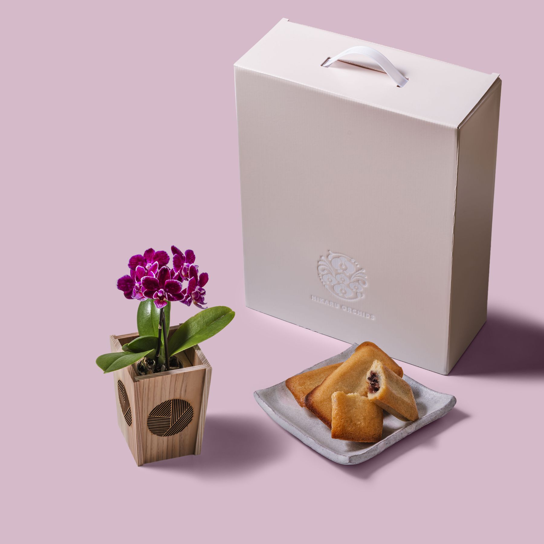紫 小輪 胡蝶蘭 /マル西製菓ぺんぎん一番堂 焼き菓子セット / NENE 組子細工風 三崩し（さんくずし）[002795]