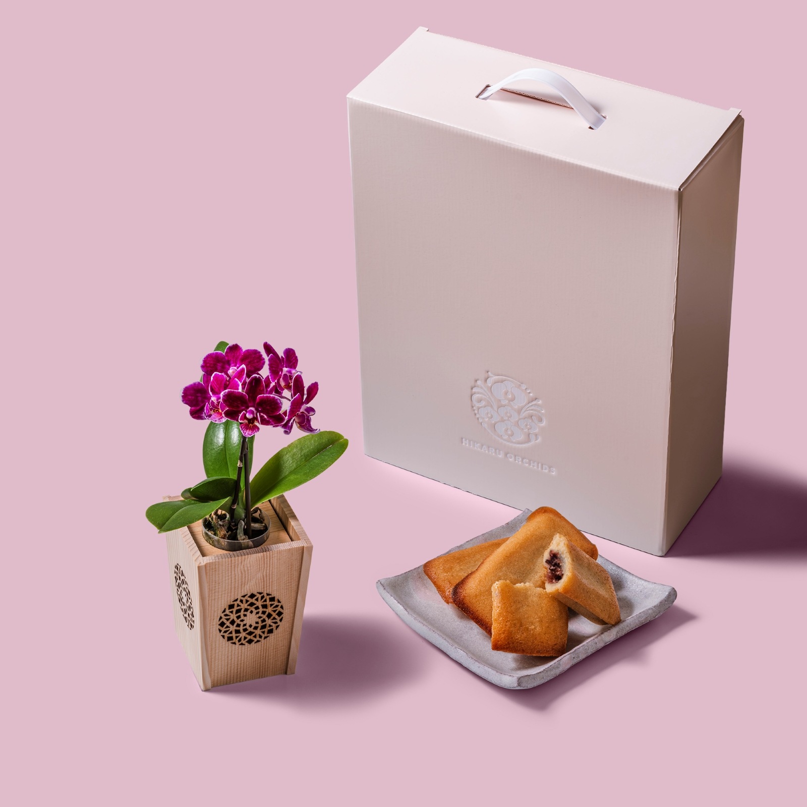 紫 小輪 胡蝶蘭 / マル西製菓ぺんぎん一番堂 焼き菓子セット / NENE 組子細工風 変わり七宝（かわりしっぽう）[002745]