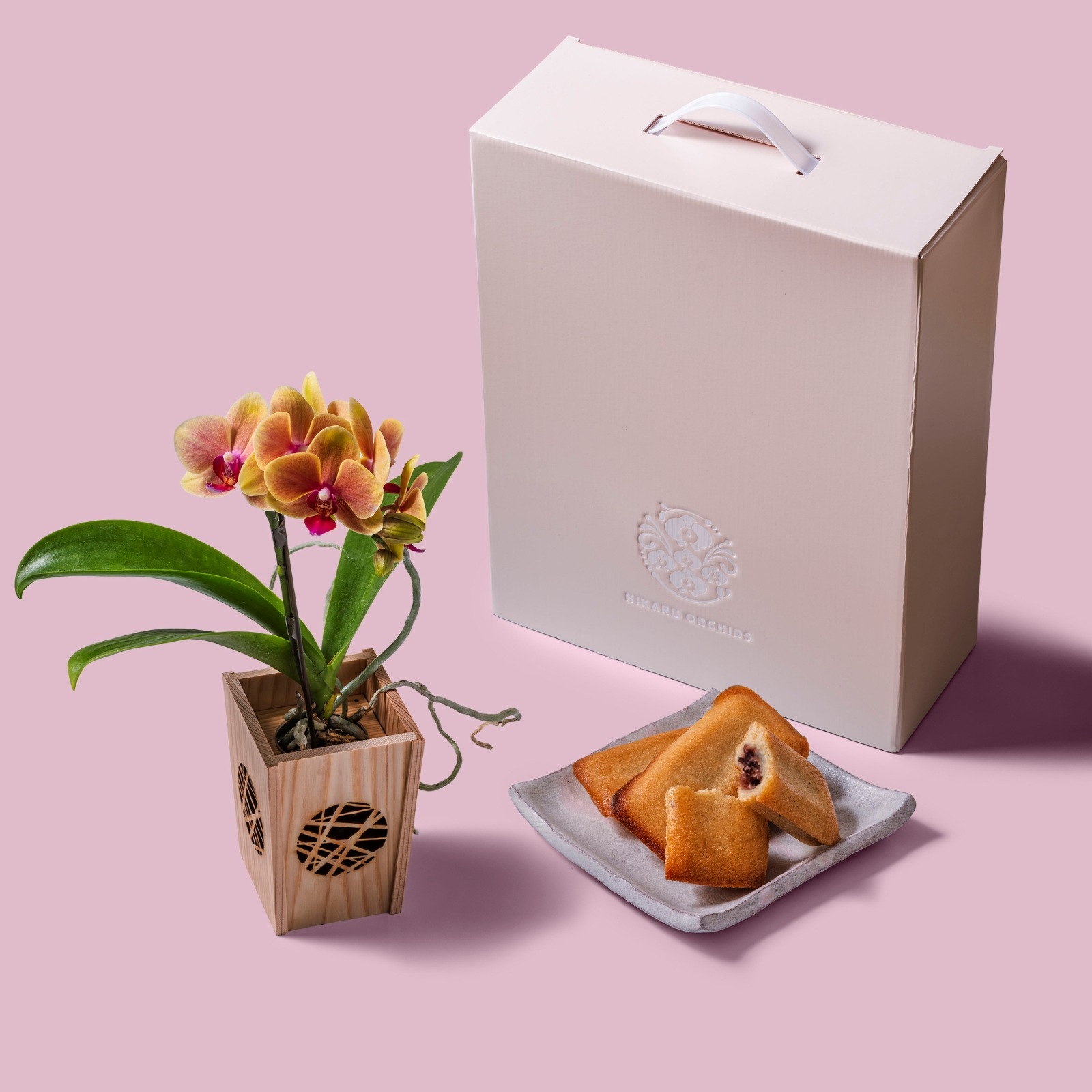 オレンジ 小輪 胡蝶蘭 / マル西製菓ぺんぎん一番堂 焼き菓子セット / NENE 組子細工風 氷裂（ひょうれつ）[002753]