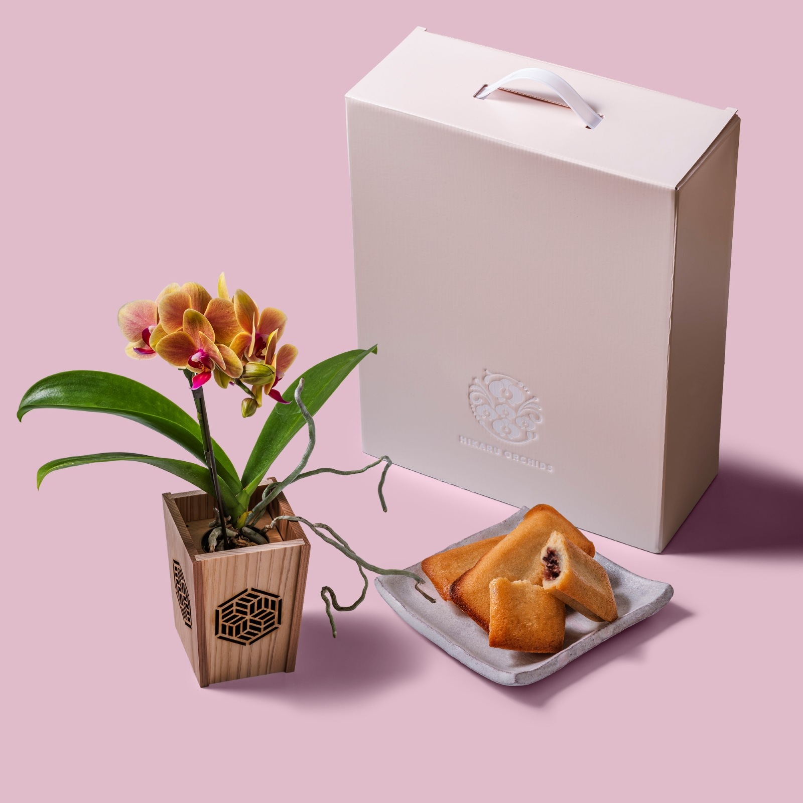 オレンジ 小輪 胡蝶蘭 / マル西製菓ぺんぎん一番堂 焼き菓子セット / NENE 組子細工風 組亀甲（くみきっこう）[002763]