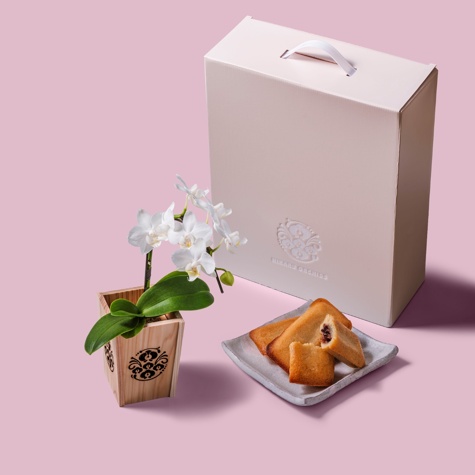 白 小輪 胡蝶蘭 / マル西製菓ぺんぎん一番堂 焼き菓子セット / NENE 組子細工風 胡蝶蘭（こちょうらん）[002771]