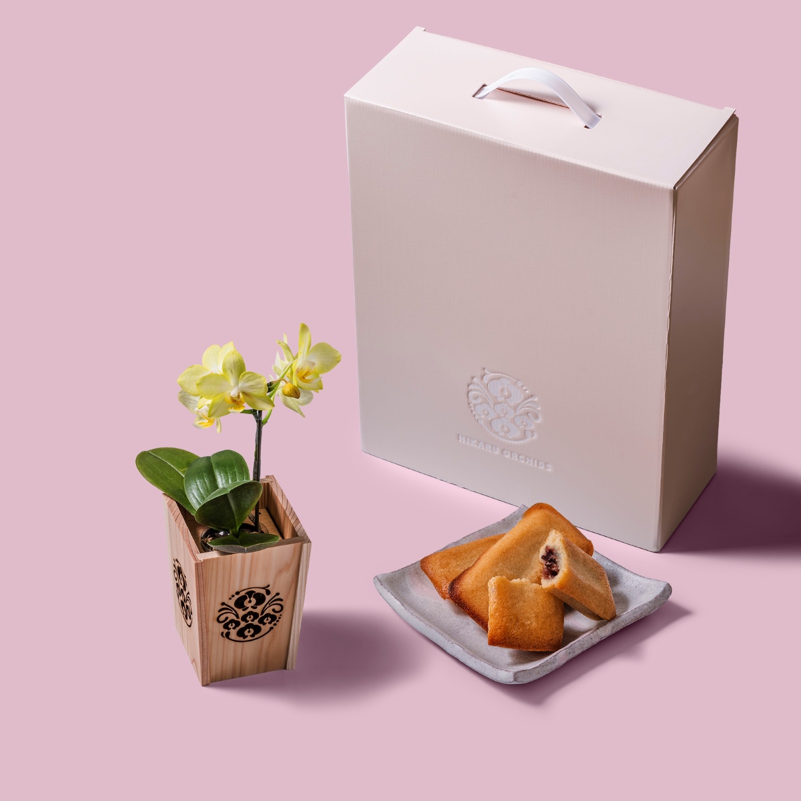 黄 小輪 胡蝶蘭 / マル西製菓ぺんぎん一番堂 焼き菓子セット / NENE 組子細工風 胡蝶蘭（こちょうらん）[002772]