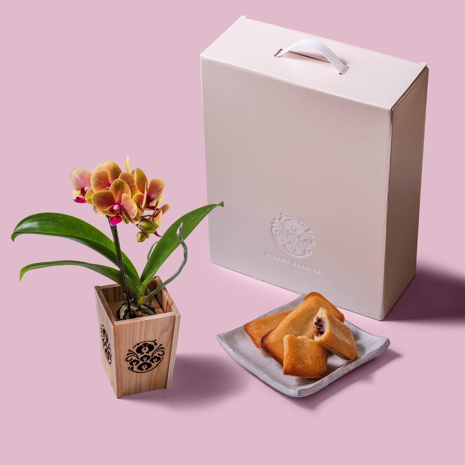 オレンジ 小輪 胡蝶蘭 / マル西製菓ぺんぎん一番堂 焼き菓子セット / NENE 組子細工風 胡蝶蘭（こちょうらん）[002773]