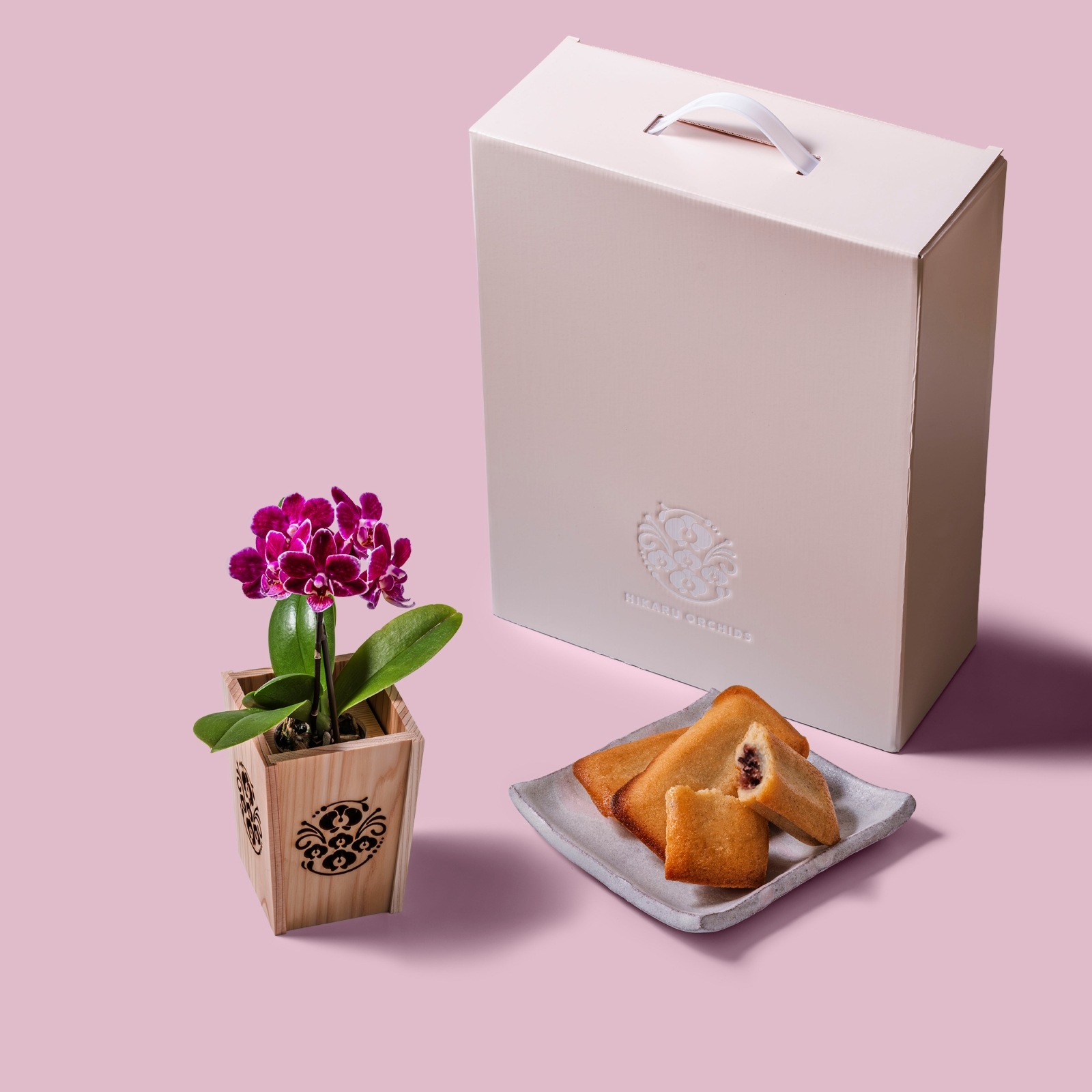 紫 小輪 胡蝶蘭 / マル西製菓ぺんぎん一番堂 焼き菓子セット / NENE 組子細工風 胡蝶蘭（こちょうらん）[002775]
