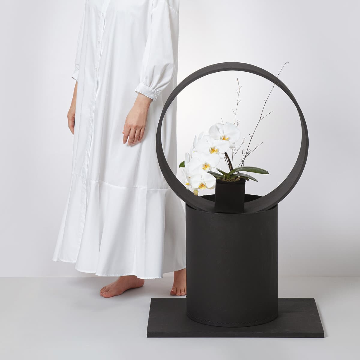 胡蝶蘭 ショートタイプ / 備長炭塗りリングオブジェ一段 [227] お花はピンク色のものになります。