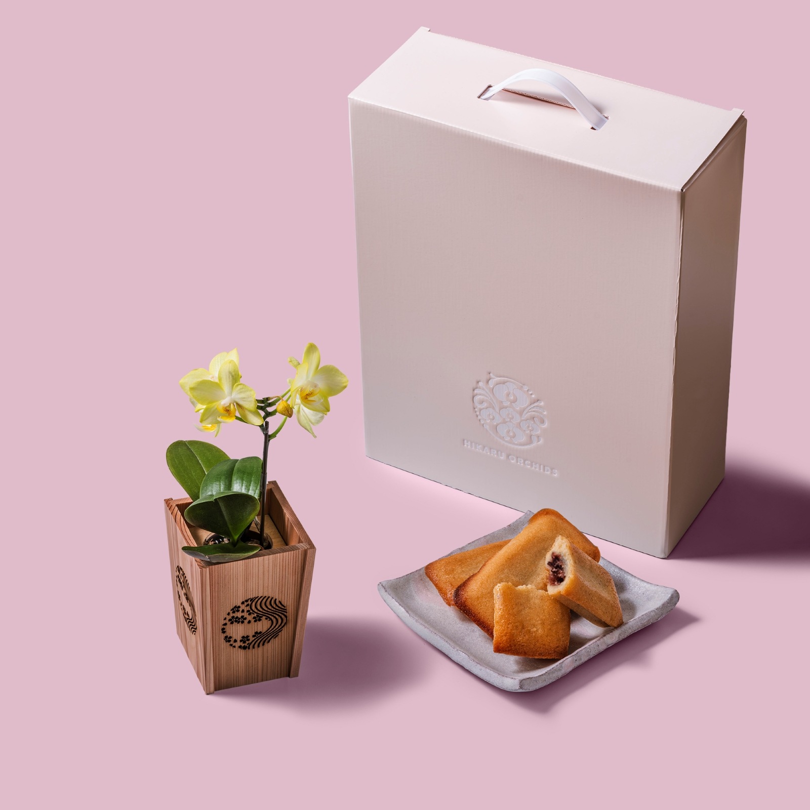 黄 小輪 胡蝶蘭 / マル西製菓ぺんぎん一番堂 焼き菓子セット / NENE 組子細工風 桜川（さくらがわ）[002702]
