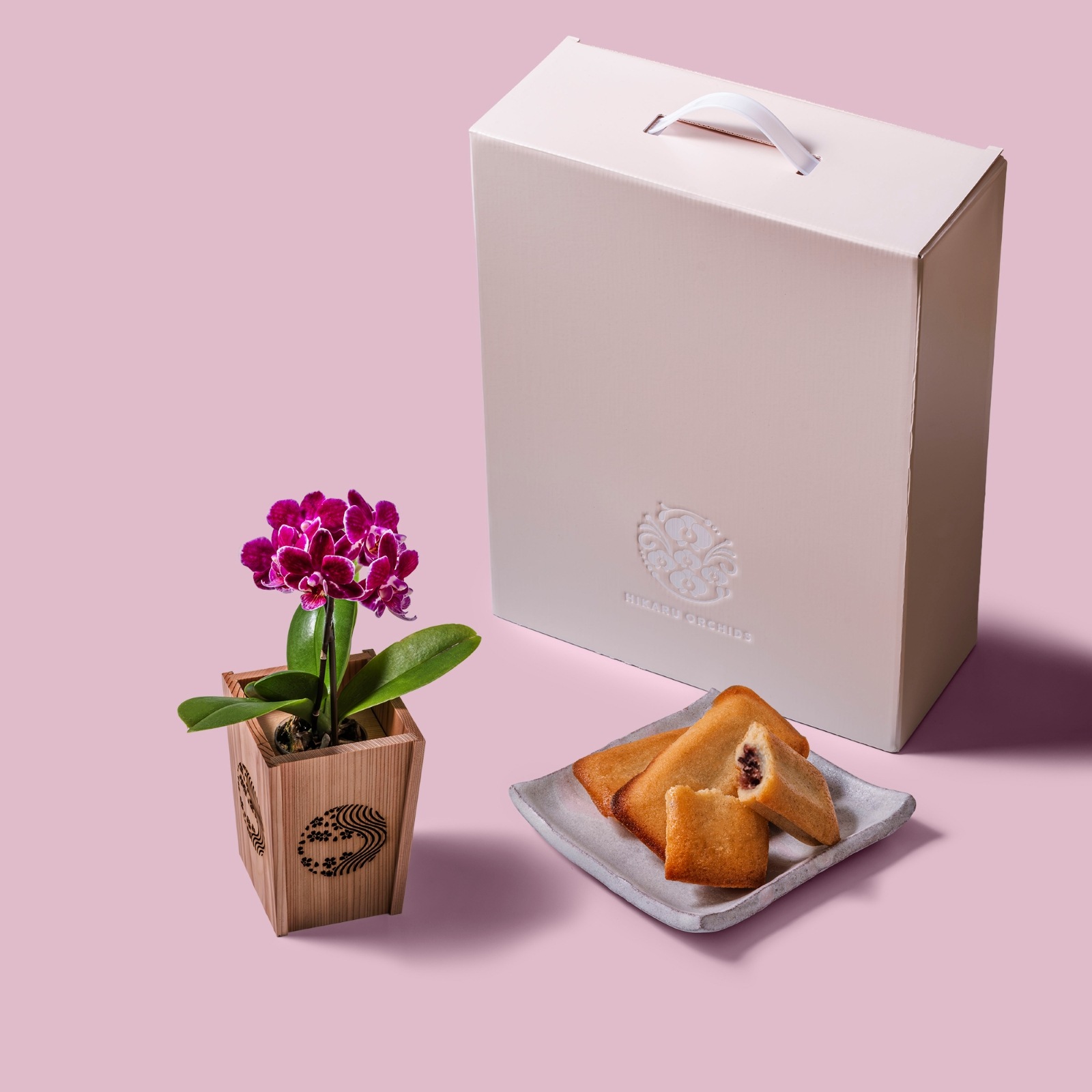 紫 小輪 胡蝶蘭 / マル西製菓ぺんぎん一番堂 焼き菓子セット / NENE 組子細工風 桜川（さくらがわ）[002705]