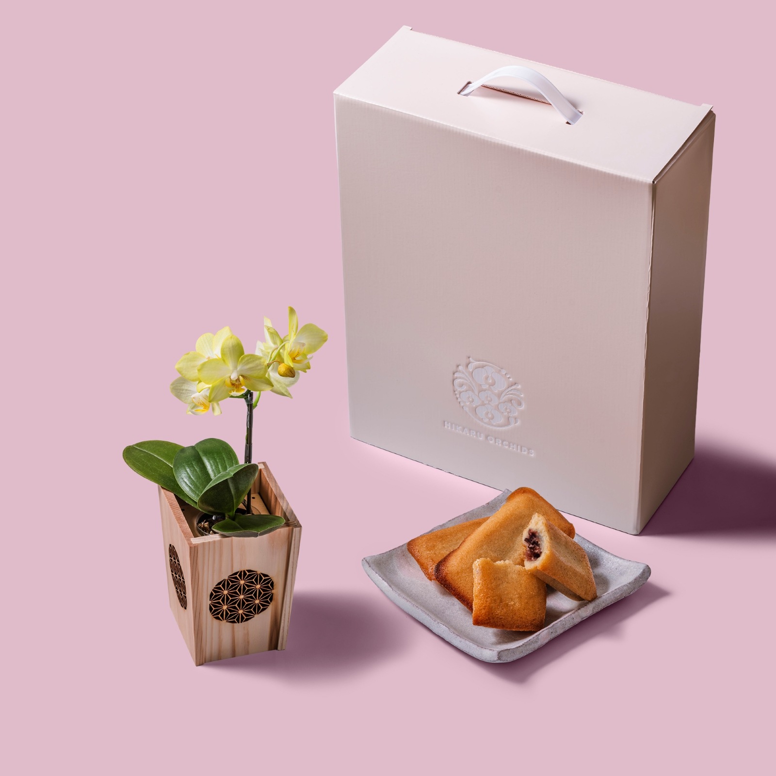 黄 小輪 胡蝶蘭 / マル西製菓ぺんぎん一番堂 焼き菓子セット / NENE 組子細工風 麻の葉（あさのは）[002712]