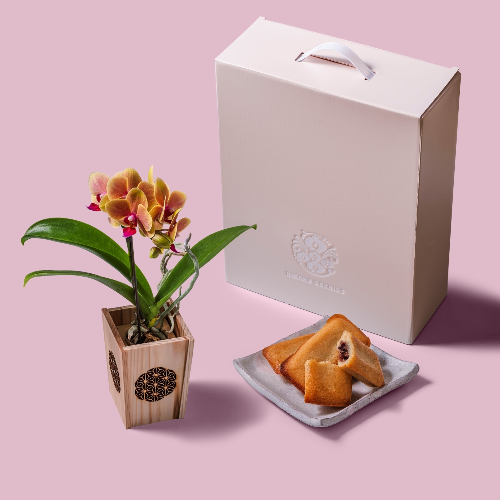 オレンジ 小輪 胡蝶蘭 / マル西製菓ぺんぎん一番堂 焼き菓子セット / NENE 組子細工風 麻の葉（あさのは）[002713]