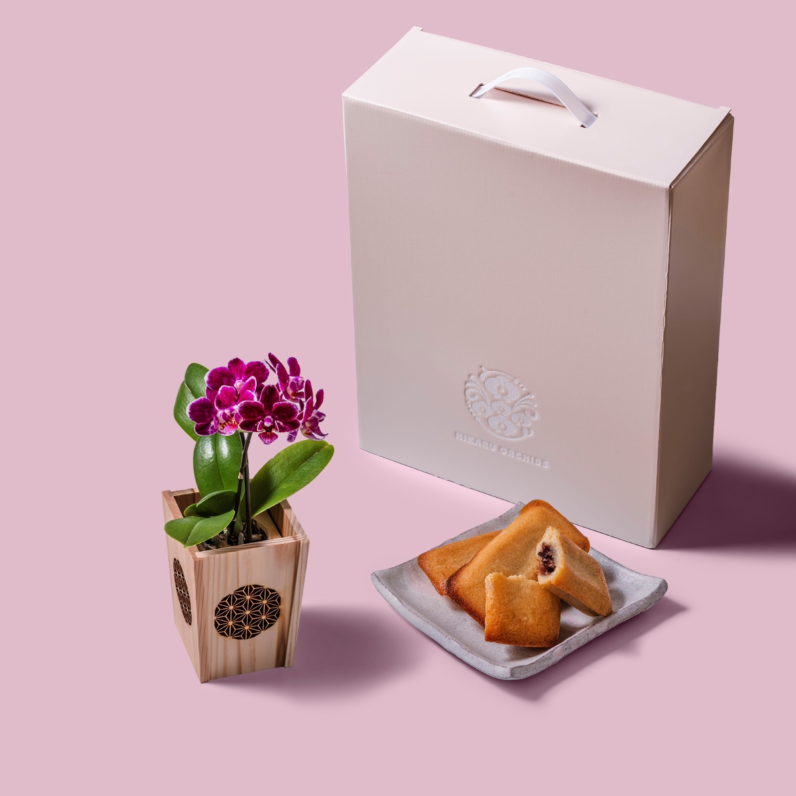 紫 小輪 胡蝶蘭 / マル西製菓ぺんぎん一番堂 焼き菓子セット / NENE 組子細工風 麻の葉（あさのは）[002715]