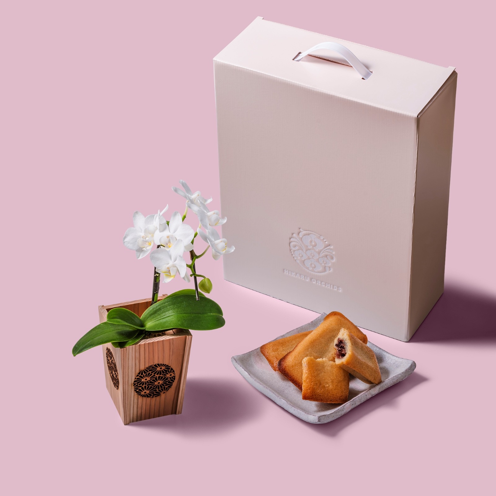白 小輪 胡蝶蘭 / マル西製菓ぺんぎん一番堂 焼き菓子セット / NENE 組子細工風 菊（きく）[002721]