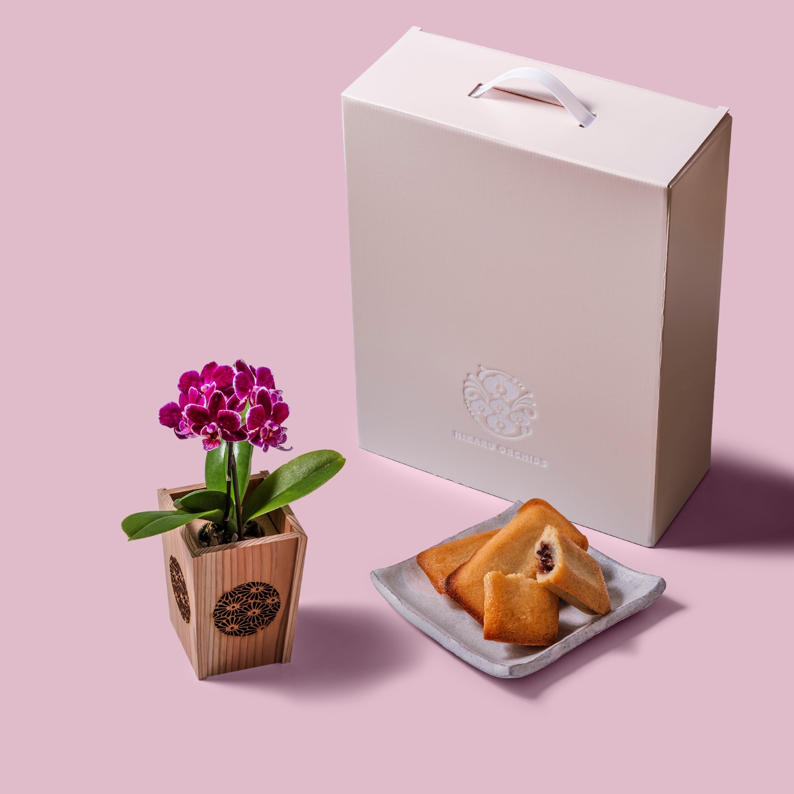 紫 小輪 胡蝶蘭 / マル西製菓ぺんぎん一番堂 焼き菓子セット / NENE 組子細工風 菊（きく）[002725]