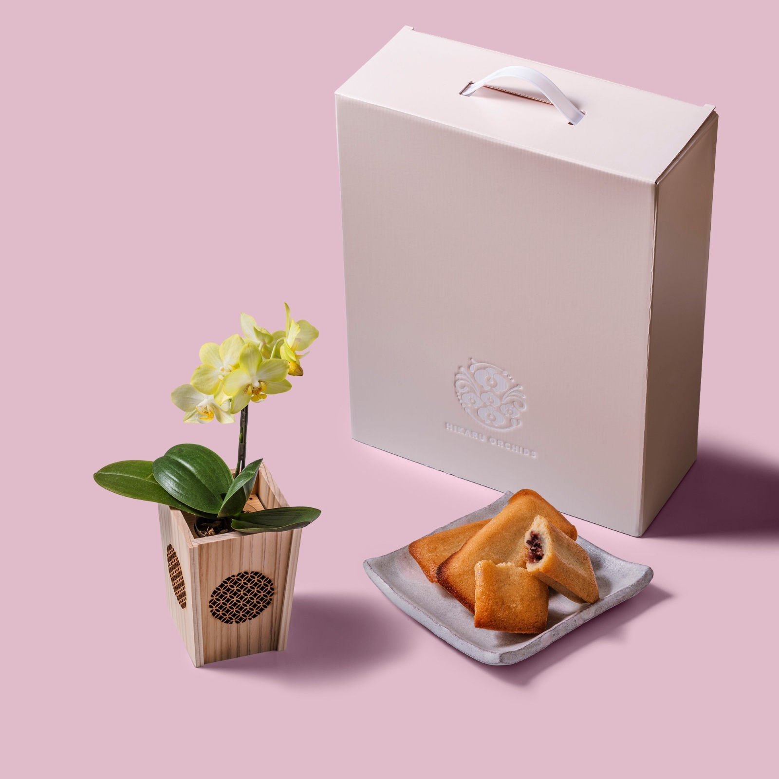 黄 小輪 胡蝶蘭 / マル西製菓ぺんぎん一番堂 焼き菓子セット / NENE 組子細工風 七宝（しっぽう）[002732]