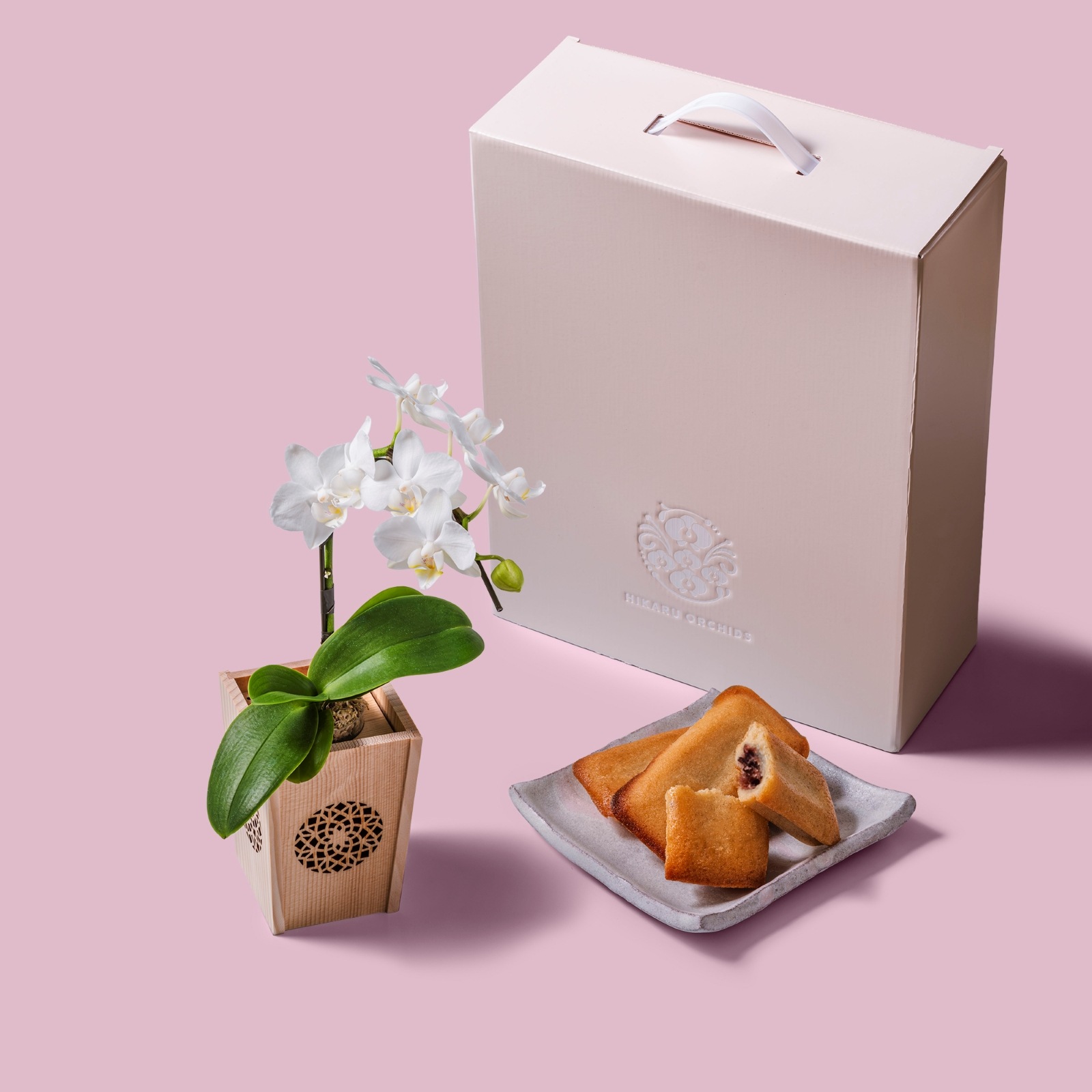 白 小輪 胡蝶蘭 / マル西製菓ぺんぎん一番堂 焼き菓子セット / NENE 組子細工風 変わり七宝（かわりしっぽう）[002741]