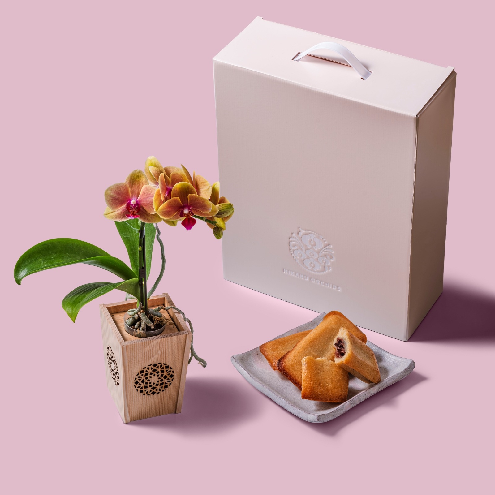 オレンジ 小輪 胡蝶蘭 / マル西製菓ぺんぎん一番堂 焼き菓子セット / NENE 組子細工風 変わり七宝（かわりしっぽう）[002743]