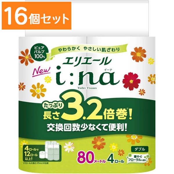 エリエール i:na イーナ トイレットペーパー 3.2倍巻 ダブル 4ロール 【×16個セット・まとめ買い】