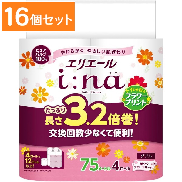 エリエール i:na イーナ プリント トイレットペーパー 3.2倍巻 ダブル 4ロール 【×16個セット・まとめ買い】
