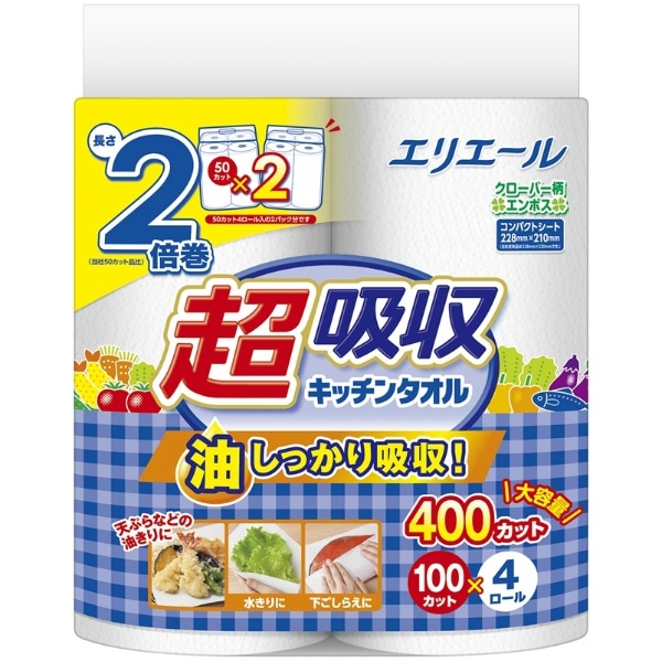 エリエール 超吸収キッチンタオル 100カット 4個入 : 大王製紙