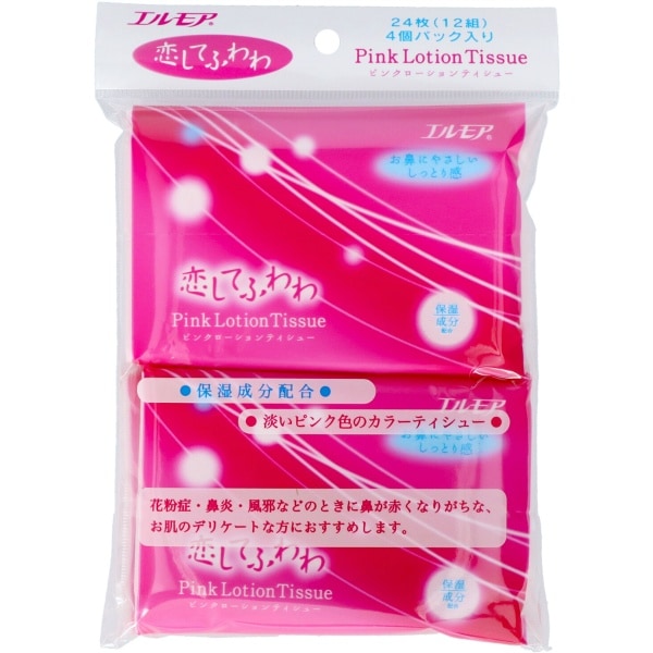 エルモアピンクローションポケットティシュー 恋してふわわ 12組×4個 : カミ商事