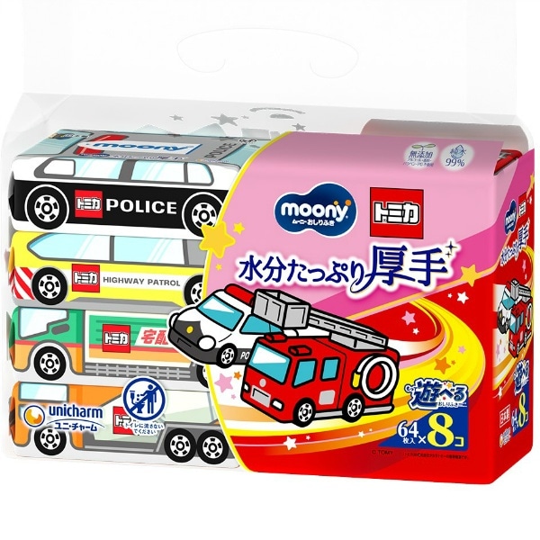 ムーニー おしりふき 水分 厚手 詰替え トミカ 64枚入×8個 : ユニ・チャーム（ユニチャーム）
