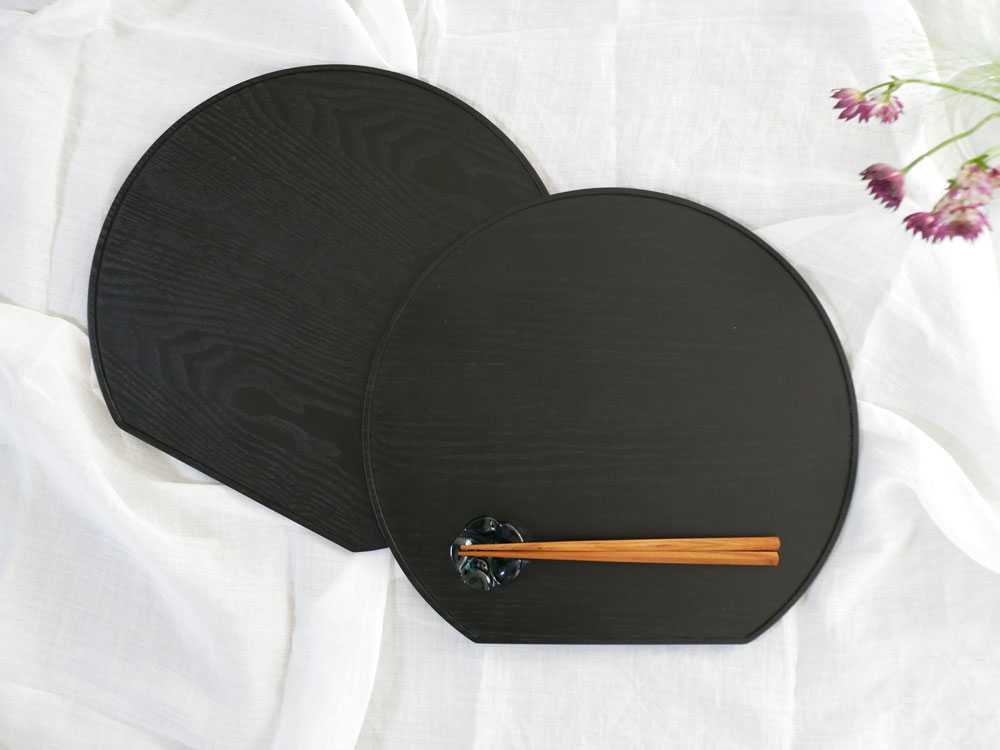 HinataLife】スタッキングできる天然木の半月膳 2枚組 / ブラック