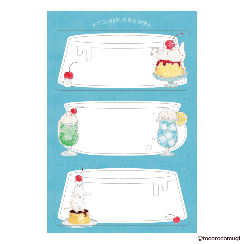 トコロコムギ ちょい書きシール 長方形 ぷるぷるプリンとソーダにゃんこ