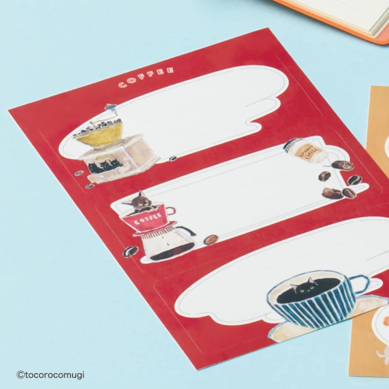 トコロコムギ ちょい書きシール 長方形 あなたを見つめるコーヒーにゃんこ