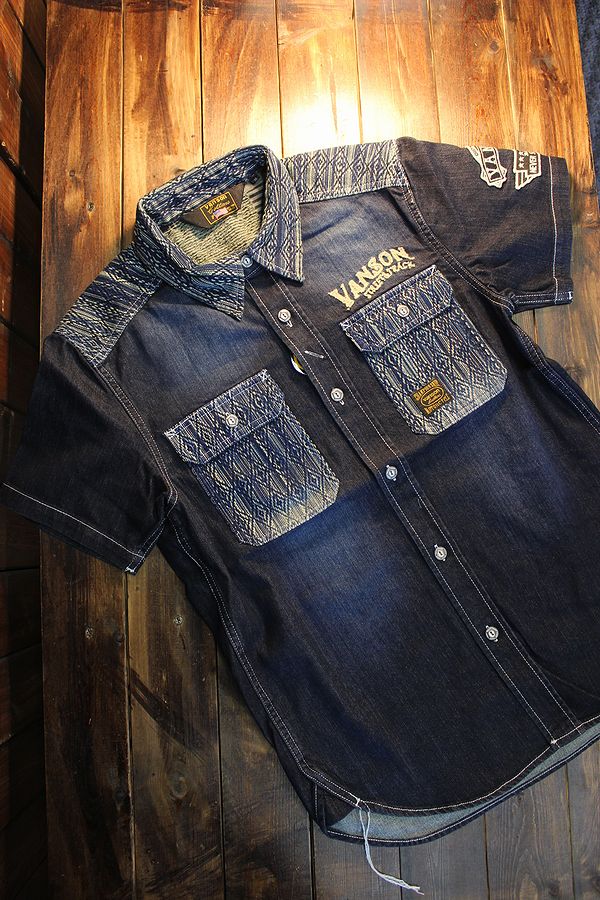 VANSON バンソン NVSS-2004 刺し子切替デニム半袖シャツ INDIGO(ONE
