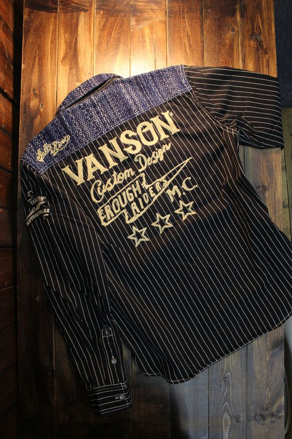 VANSON バンソン NVSL-2006 刺し子切替デニムシャツ チェーン刺繍
