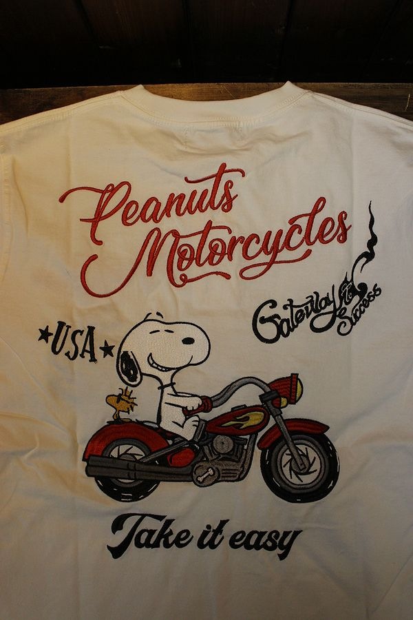 Flag Staff フラッグスタッフ Snoopy スヌーピー 4114 天竺半袖tee 刺繍 半袖ｔシャツ バイク ホワイト Flag Staff Snoopy バイクウエア アメカジhistory