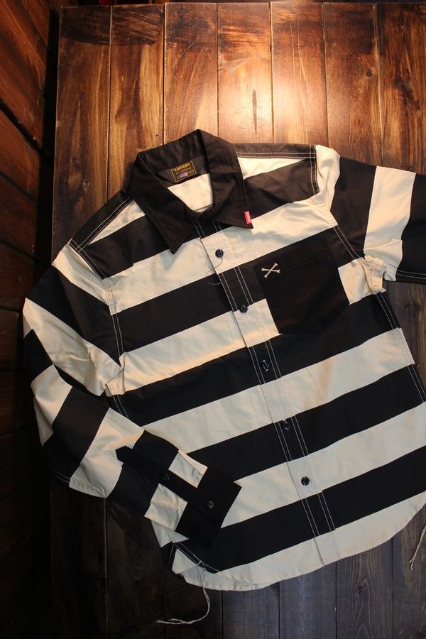 USED★Lサイズ★ VANSON 囚人ボーダー ダックワーク シャツJK VANSON バンソン NVSL-803 ワンポイントツイルシャツ ボーダー