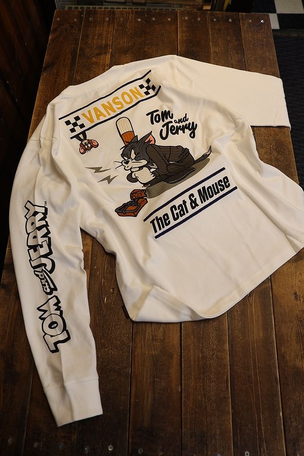 vanson×TOM&JERRYコラボ ジャガード天竺フェイク長袖Tシャツ◆vanson ナチュラルXXLサイズ TJV-929 バンソン ヴァンソン トムとジェリー バンソン VANSON × TOM AND JERRY トムとジェリー コラボ Tシャツ 刺繍