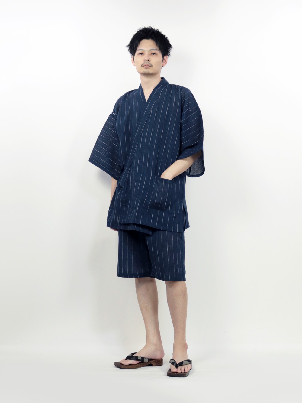 綿麻しじら織 甚平 ネイビー