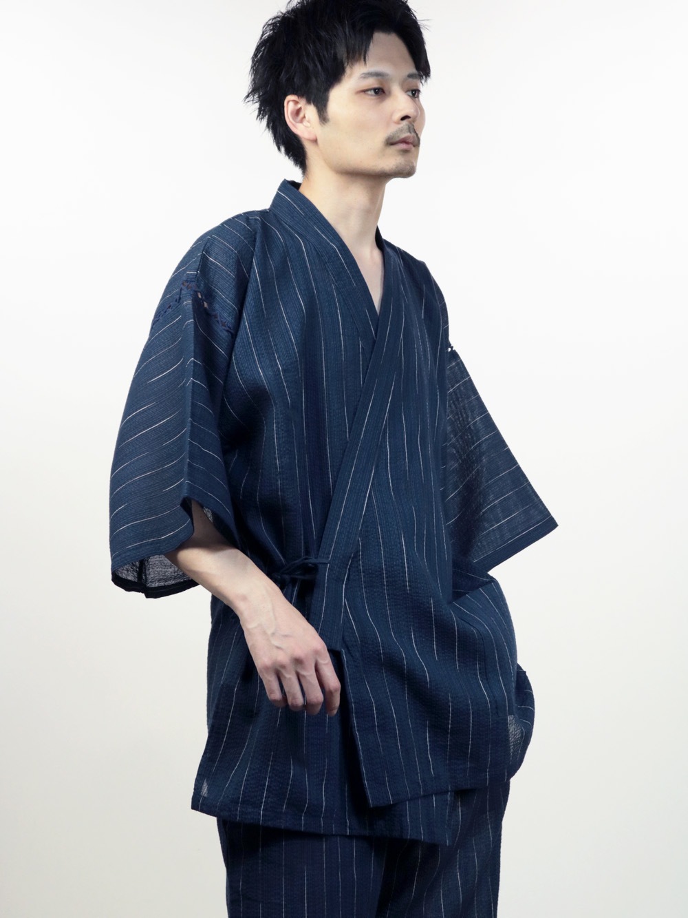 綿麻しじら織 甚平 ネイビー