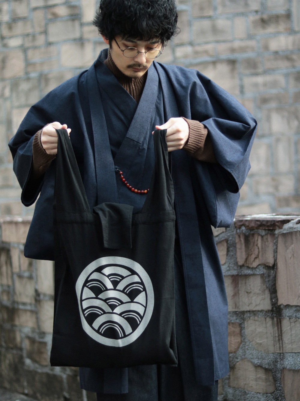 家紋柄 コットンバッグ マチ付き