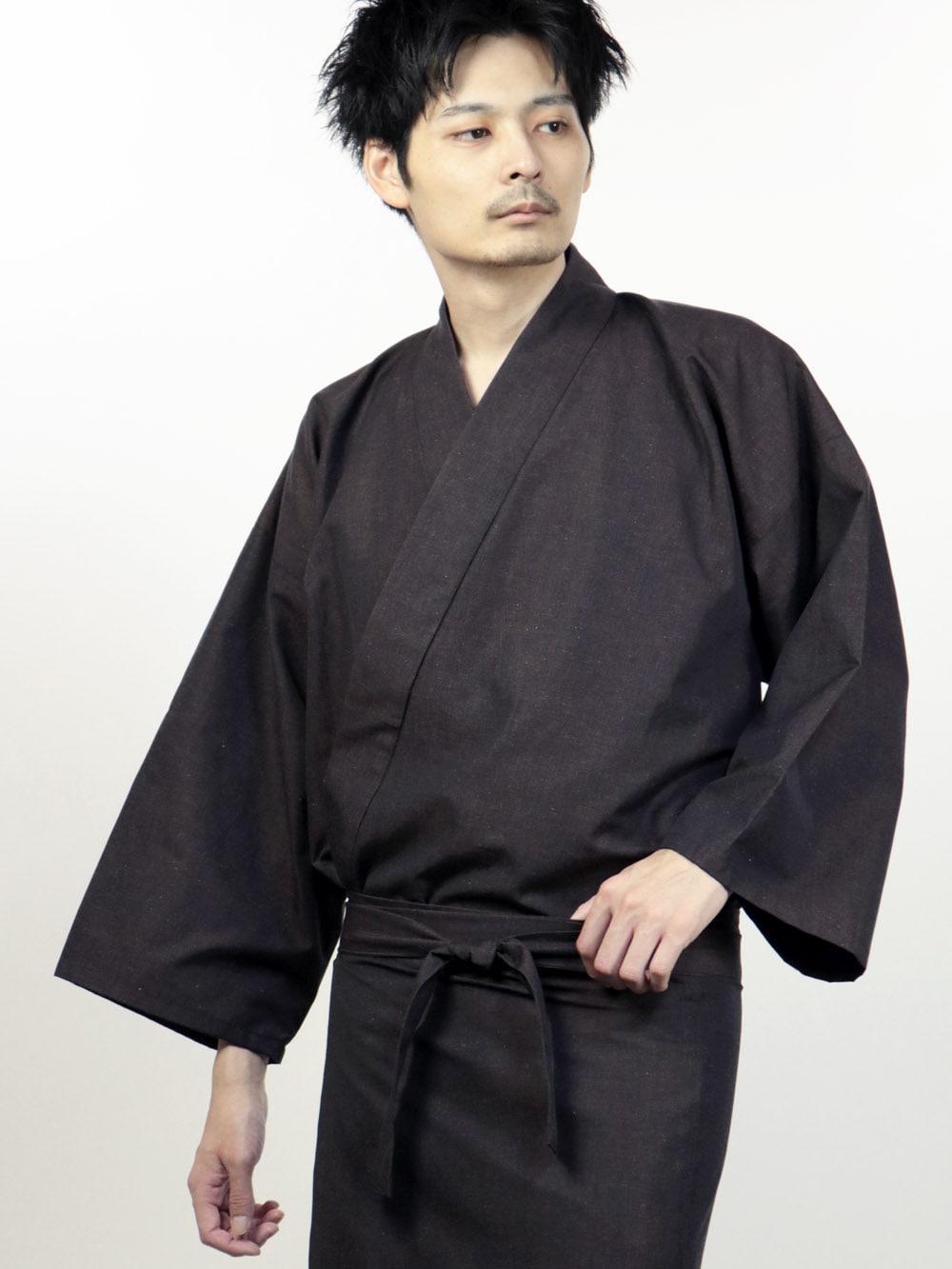 【限定】メンズ二部式着物 コットンリネン ブラウン
