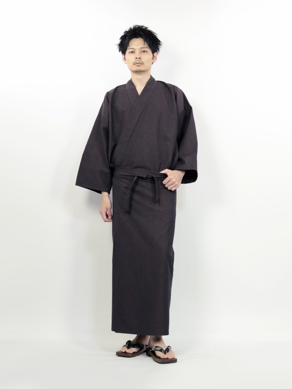 【限定】メンズ二部式着物 コットンリネン ブラウン
