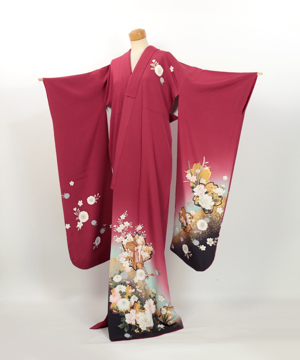 【リユース】振袖：源氏車・草花文様／K241022