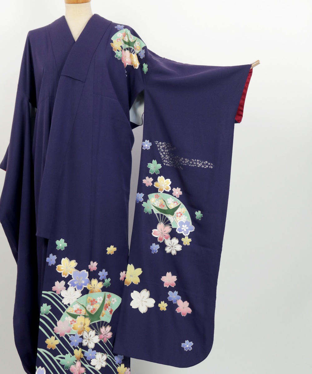 【リユース】振袖：扇・桜・鶴 友禅文様／2504222