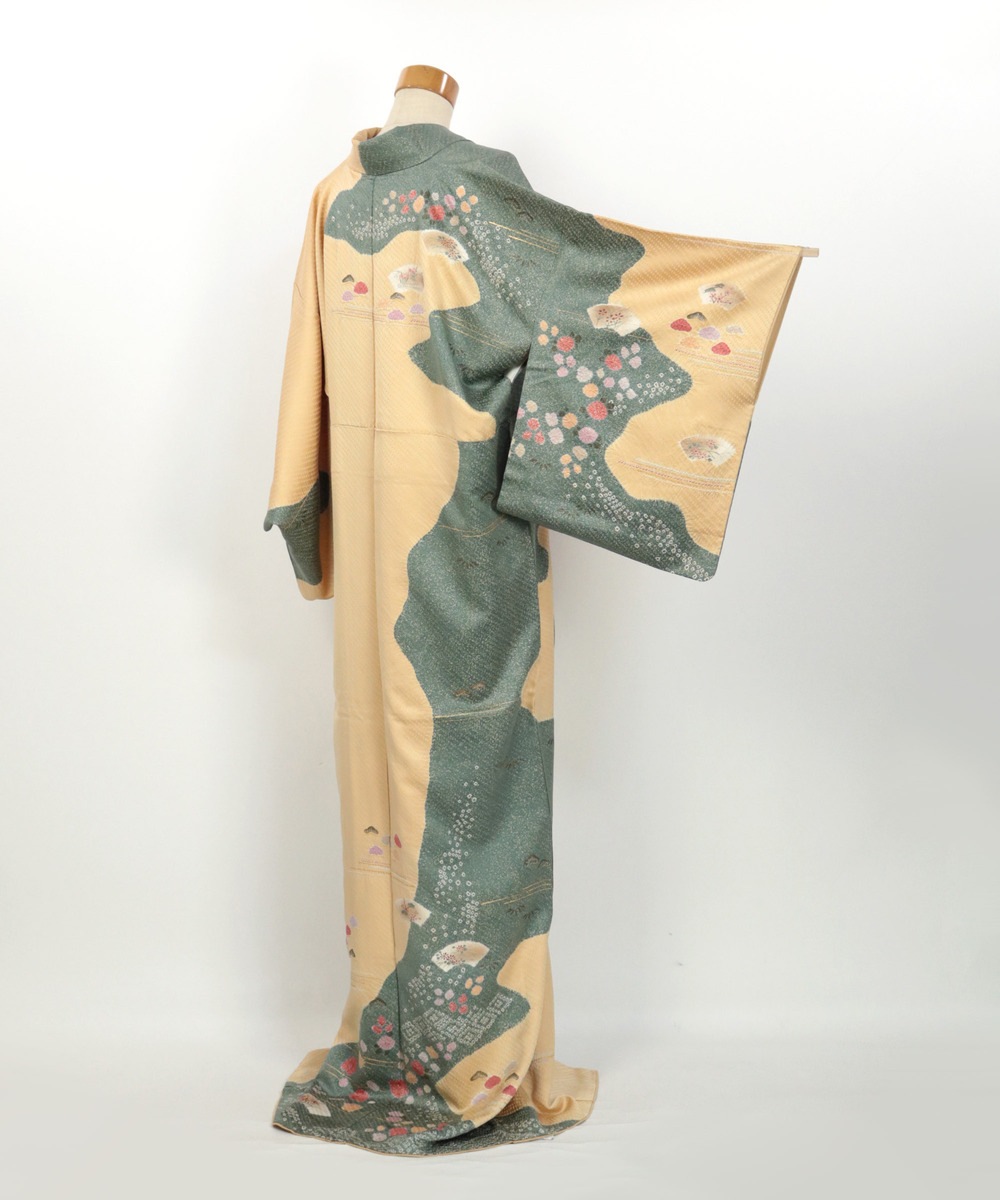 【リユース】訪問着：絞り染め 松竹・扇文様／2504043