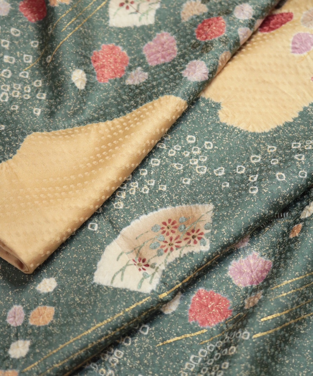 【リユース】訪問着：絞り染め 松竹・扇文様／2504043